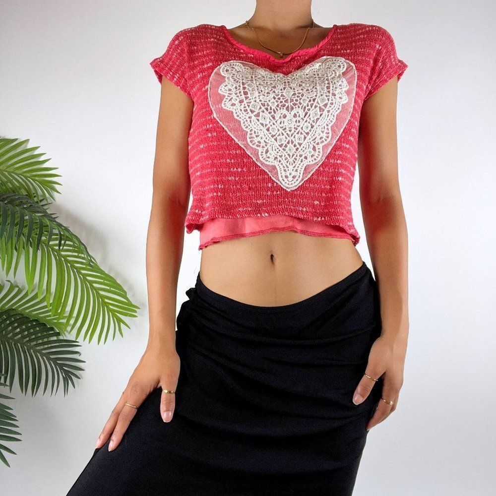 Vintage Y2K Hot Pink Barbiecore Coqeutte Knit Cropped Top Baby Tee / Size: XS